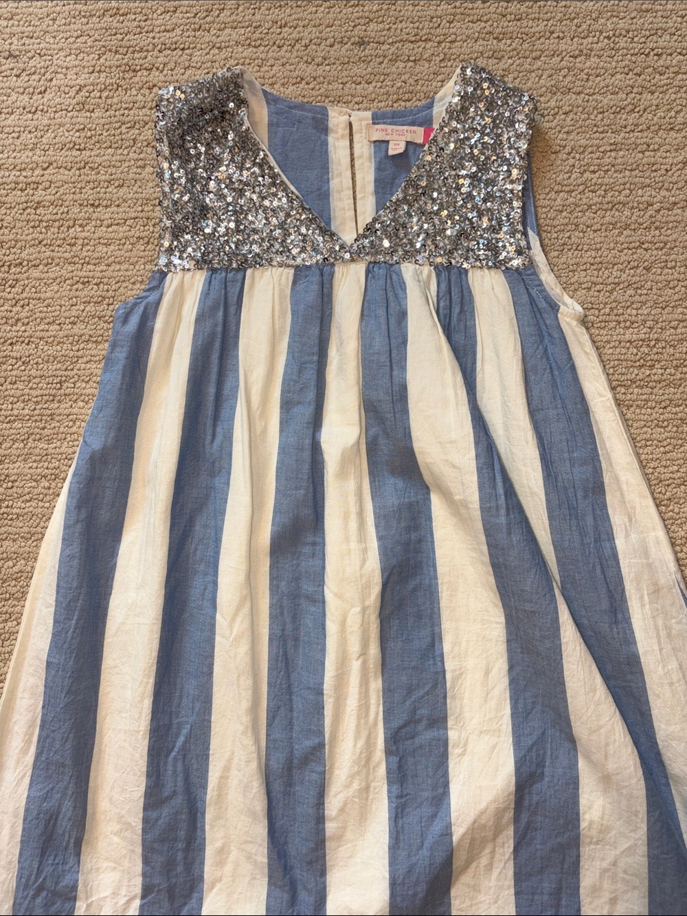Pink Chicken Blue and Cream Striped Sequin Bodice Dress size 12
